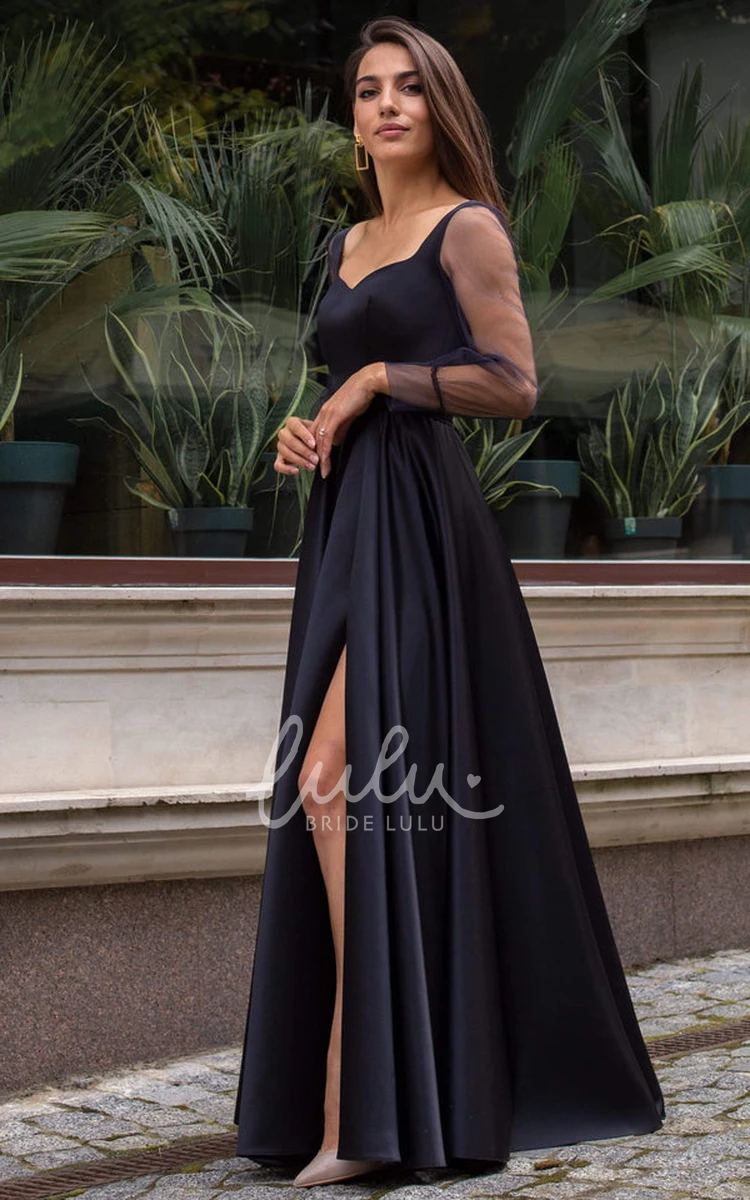 Satin A-Line Formal Dress with Long Sleeves and Split Front Elegant Formal Dress