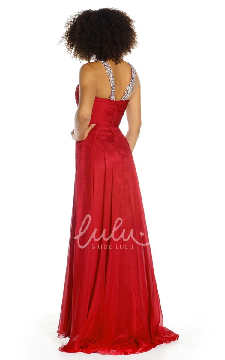 Floor-Length Chiffon Prom Dress with A-Line Silhouette and Beaded Pleats