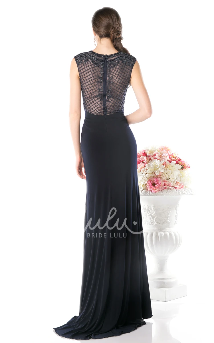 Jewel-Neck Cap-Sleeve Beaded Sheath Prom Dress