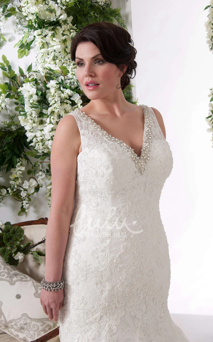 Beaded V-Neck Appliqued Lace Plus Size Wedding Dress