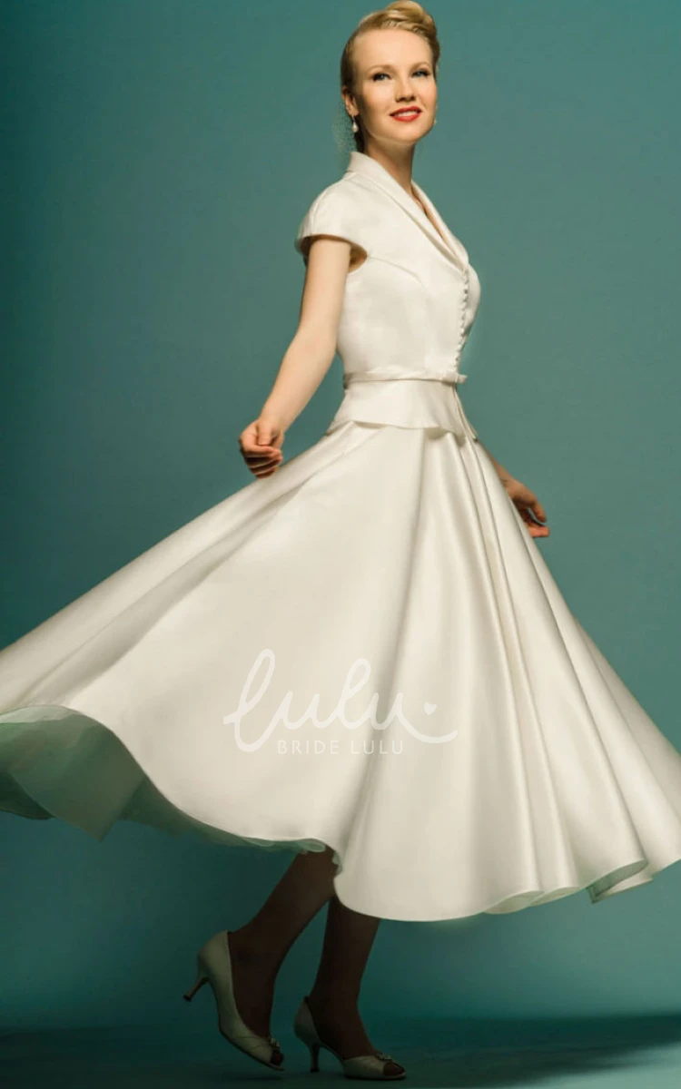 Satin A-Line Wedding Dress Tea-Length Cap Sleeve Scoop Neck