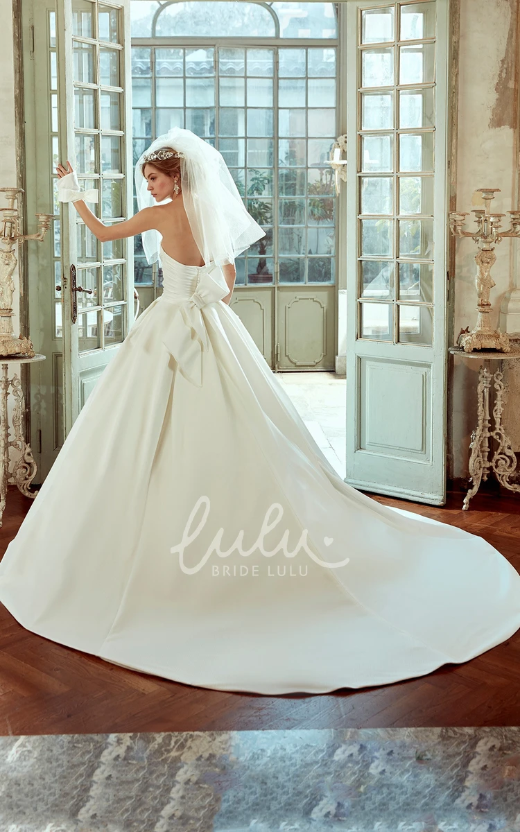Satin Strapless Wedding Dress with Pleated Bodice and Back Bow Classic Bridal Gown