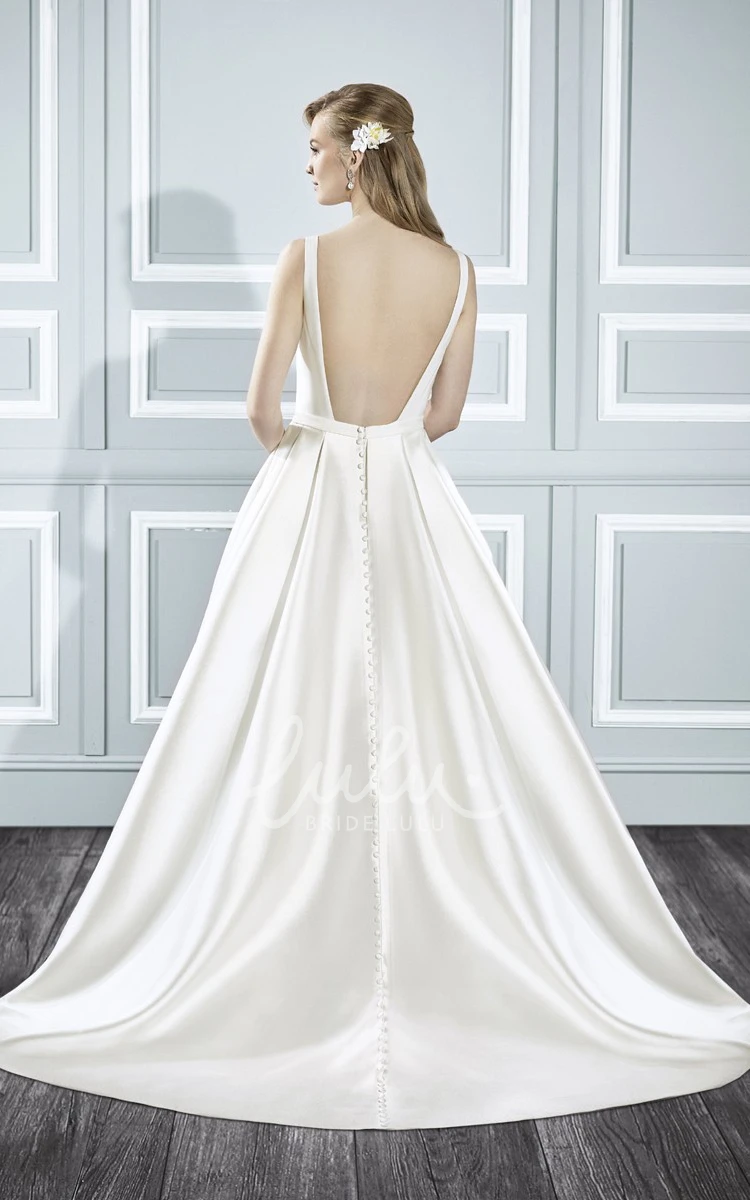 Sleeveless Square Neck Satin Wedding Dress with Court Train