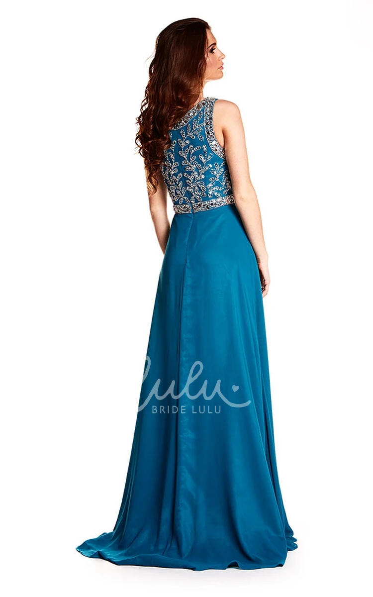 Beaded A-Line Chiffon Prom Dress with Brush Train Sleeveless Zipper Back