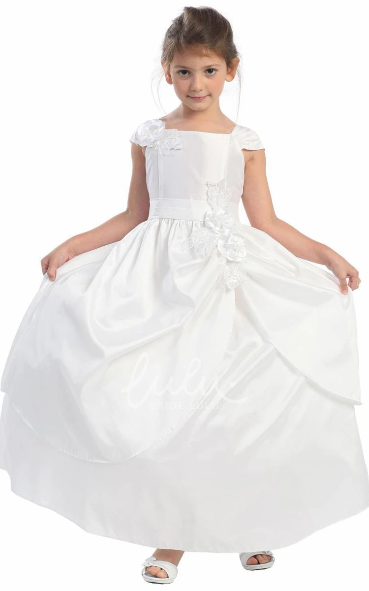 Floral Tiered Lace&Taffeta Ankle-Length Flower Girl Dress with Sash Elegant Wedding Dress