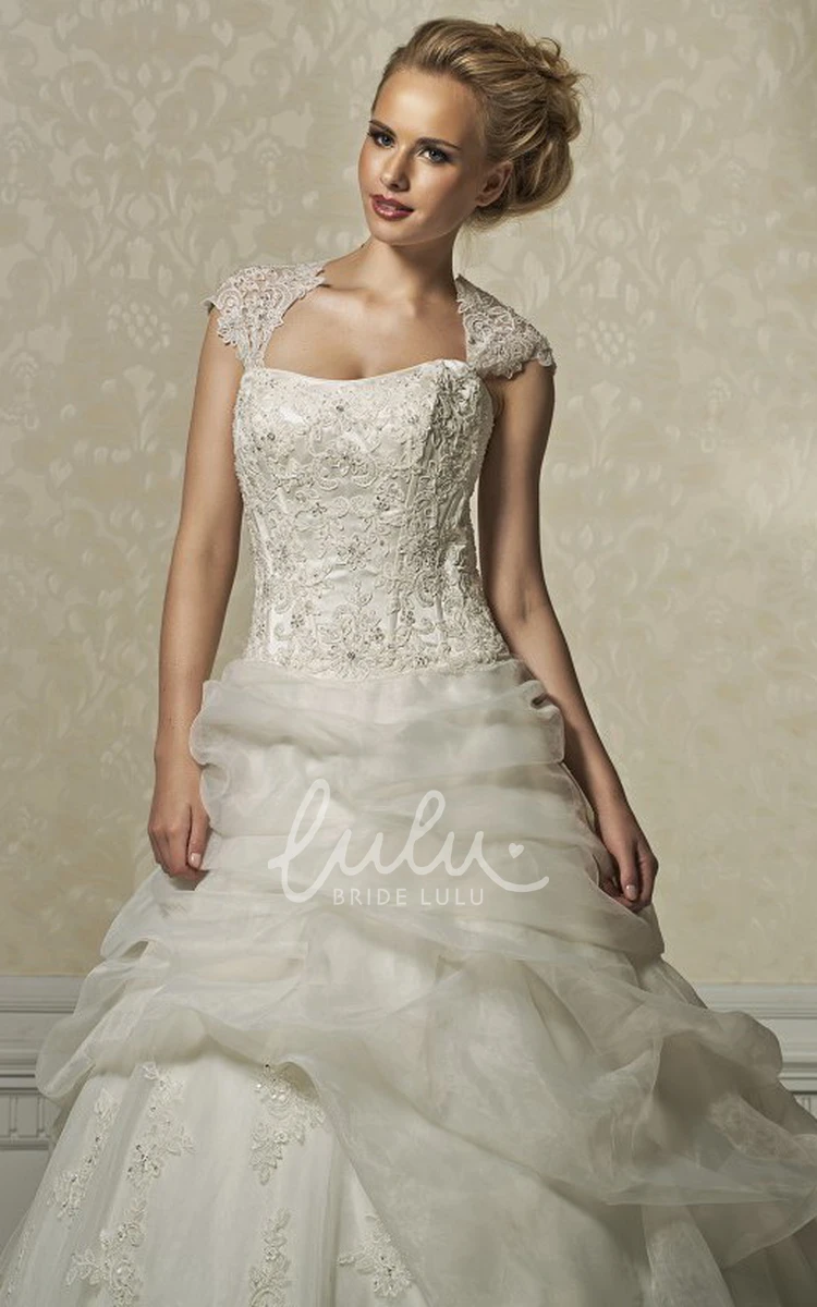 Strapless Lace Organza and Satin Ball Gown Wedding Dress with Pick Up and Cape Glamorous Wedding Dress
