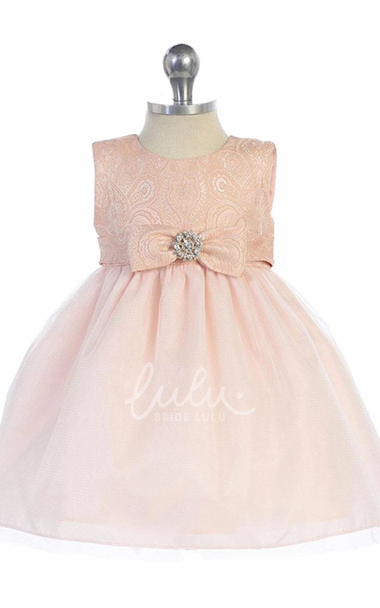 Tea-Length Tiered Tulle and Satin Flower Girl Dress with Bow