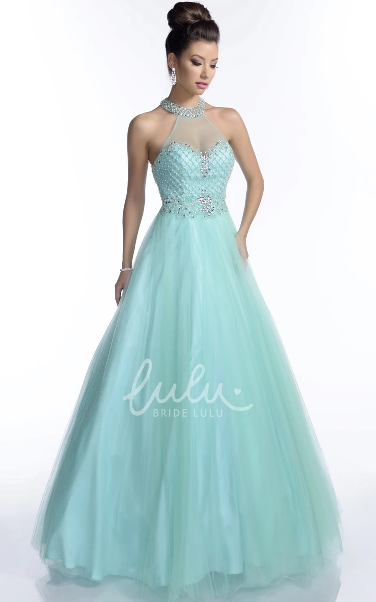 Illusion Back Halter A-Line Tulle Prom Dress Unique Prom Dress 2024