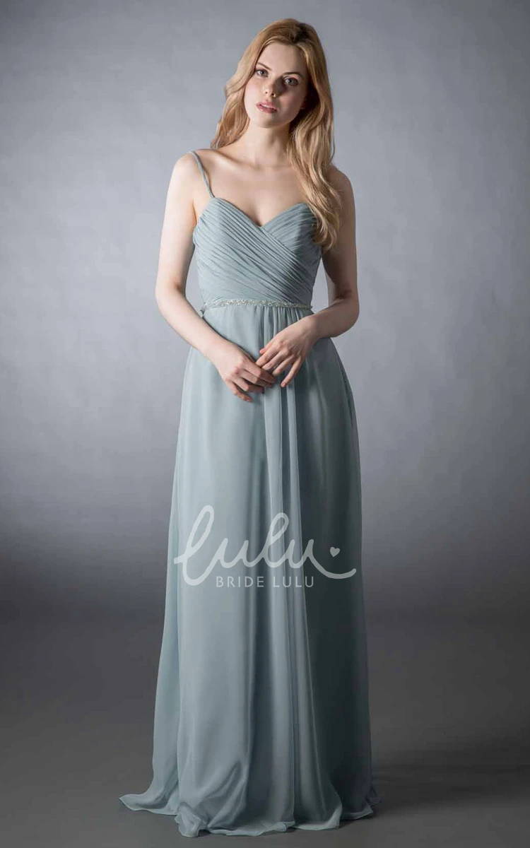 Long Sleeveless Spaghetti Sheath Chiffon Bridesmaid Dress Criss-Cross