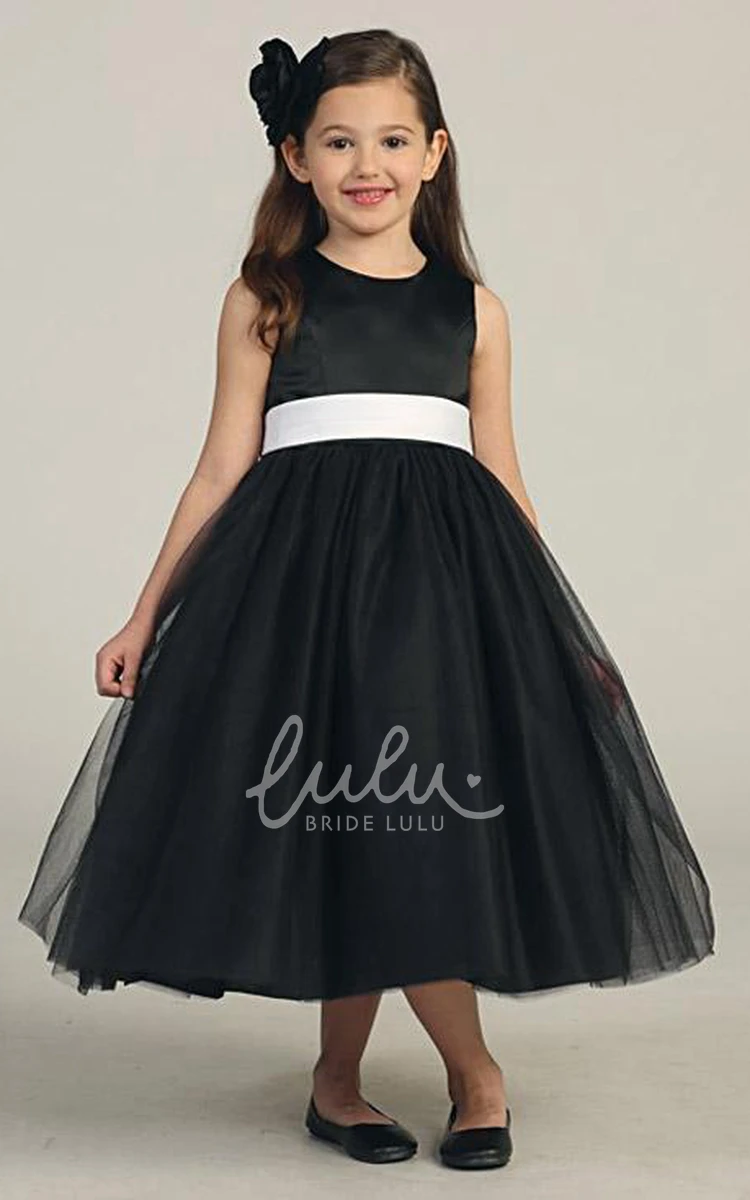 Sleeveless Tea-Length Satin and Tulle Flower Girl Dress with Bow Classy Dress for Girls