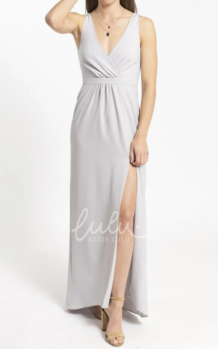 Sheath Chiffon Bridesmaid Dress with Front Split and Plunging Neckline Modern Bridesmaid Party Dress