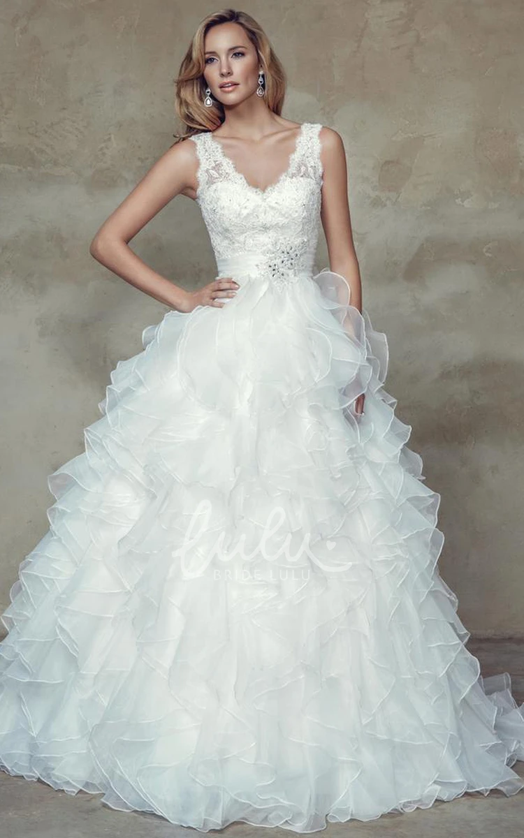 Organza Appliqued Sleeveless Wedding Dress with Cascading Ruffles Ball-Gown V-Neck Style