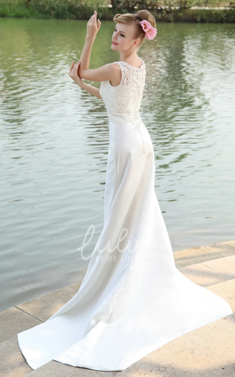 Sleeveless Sheath Satin Wedding Dress with Laced Top