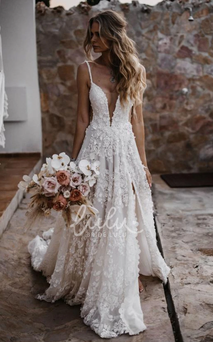 Lace Tulle A-Line Wedding Dress with Split Front Elegant Western Garden Style