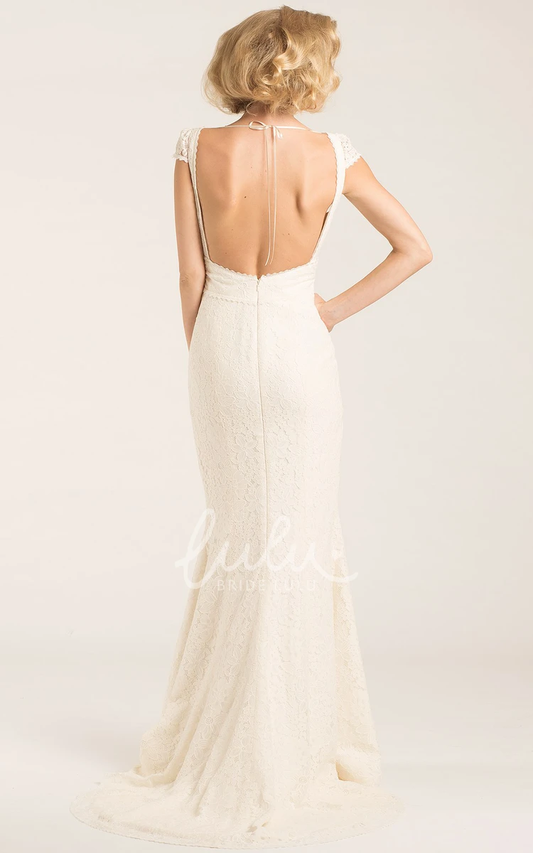 Lace Cap-Sleeve V-Neck Wedding Dress with Sweep Train and Backless Elegant Bridal Gown