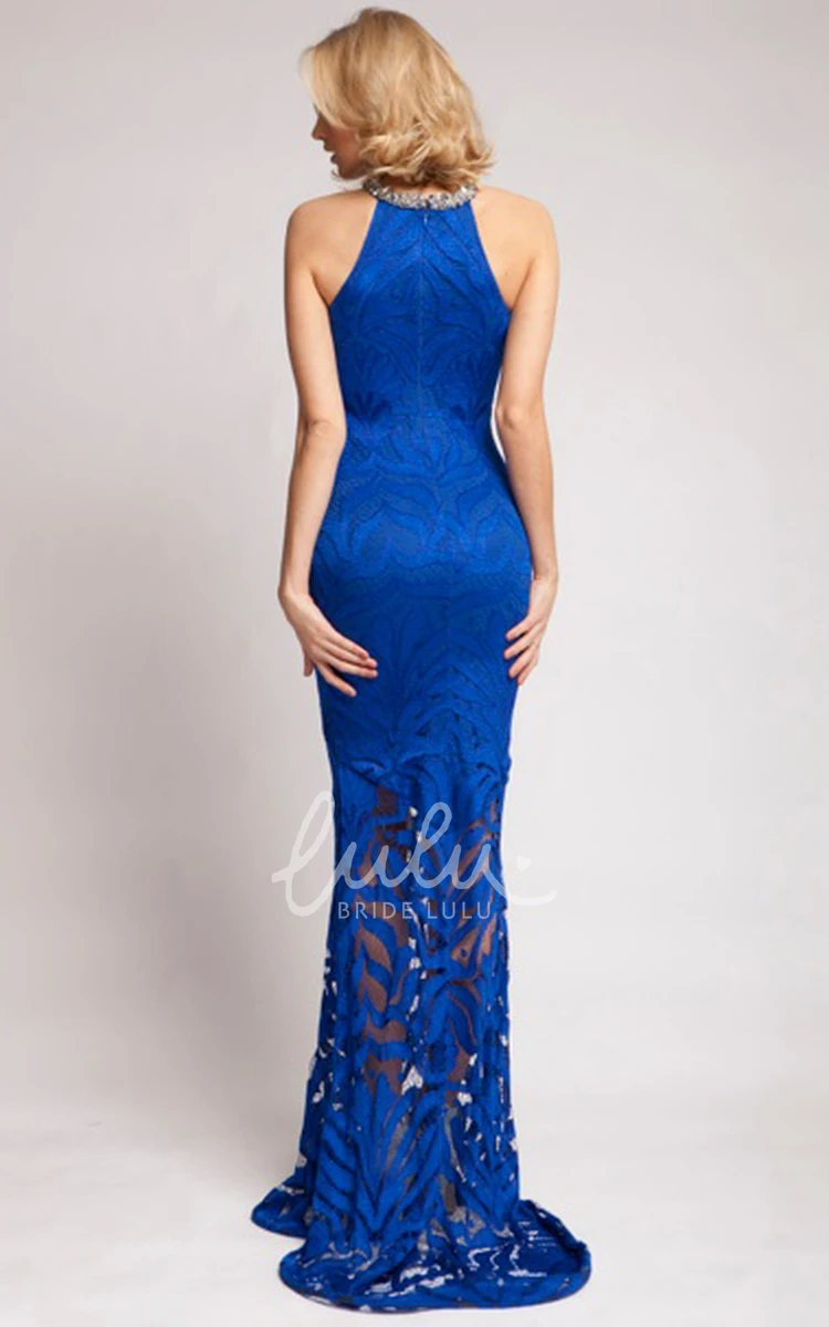 High Neck Sleeveless Pencil Prom Dress with Beaded Lace Maxi Dress with Zipper Back