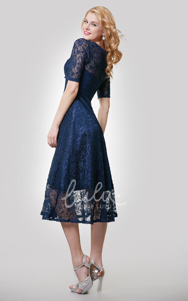 Lace Tea Length Dress With Jewel Neckline Half Sleeve