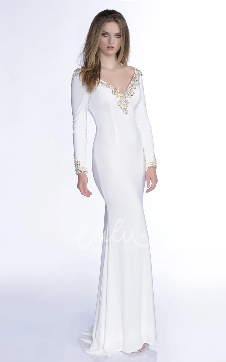 Beaded Trim V-Neck Long Sleeve Mermaid Prom Dress Elegant Formal Dress