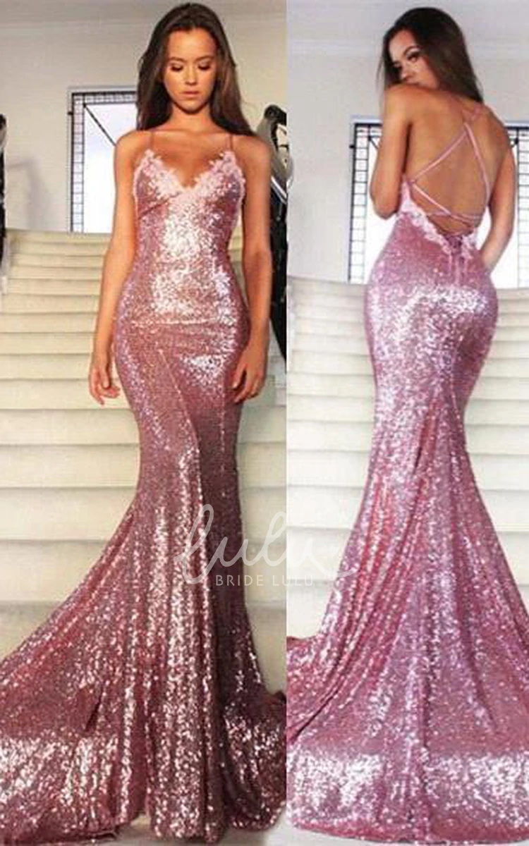 Mermaid Sequin V-Neck Prom Dress with Spaghetti Straps and Glamorous Style