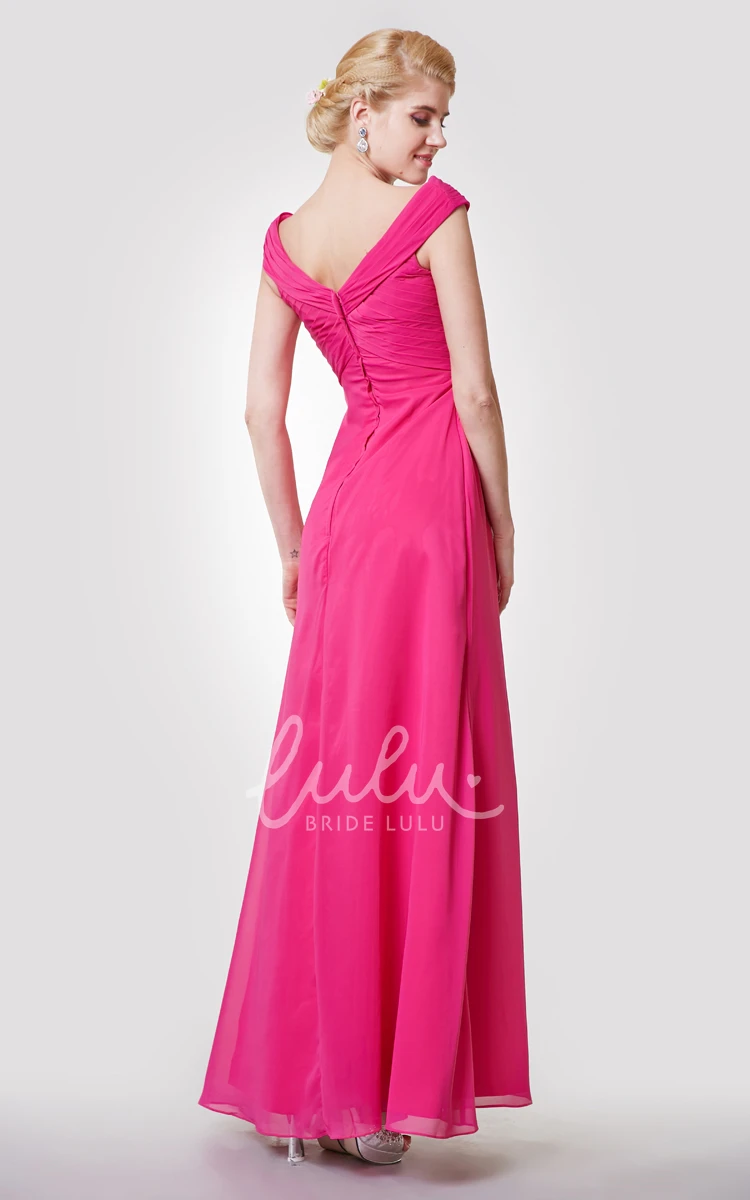 V-neck A-line Long Bridesmaid Dress with Pleated Chiffon and Cap Sleeves