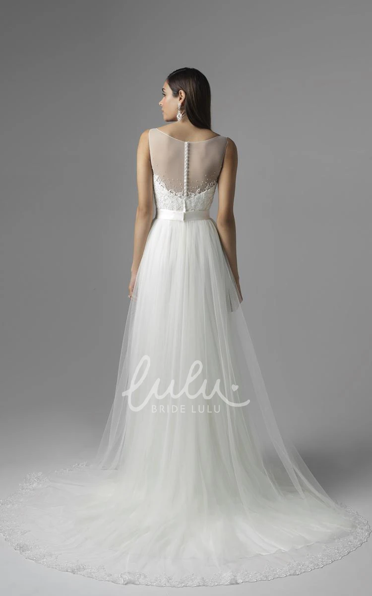 Appliqued Tulle A-Line Wedding Dress Sleeveless Scoop Floor-Length Waist Jewellery Pleats