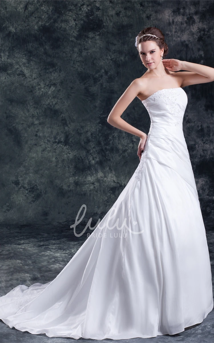 Satin A-Line Wedding Dress With Corset Back Appliques and Strapless Neckline