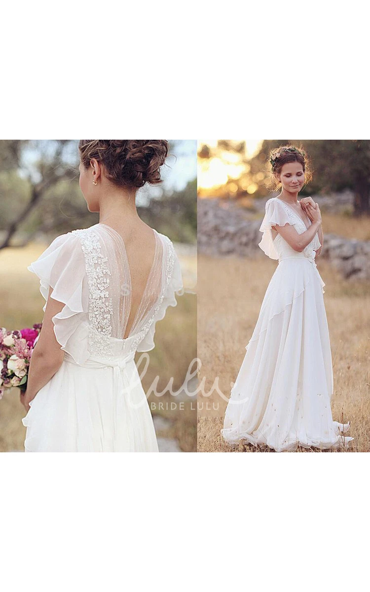 A Line V-neck Chiffon Lace Wedding Dress Low-V Back Style