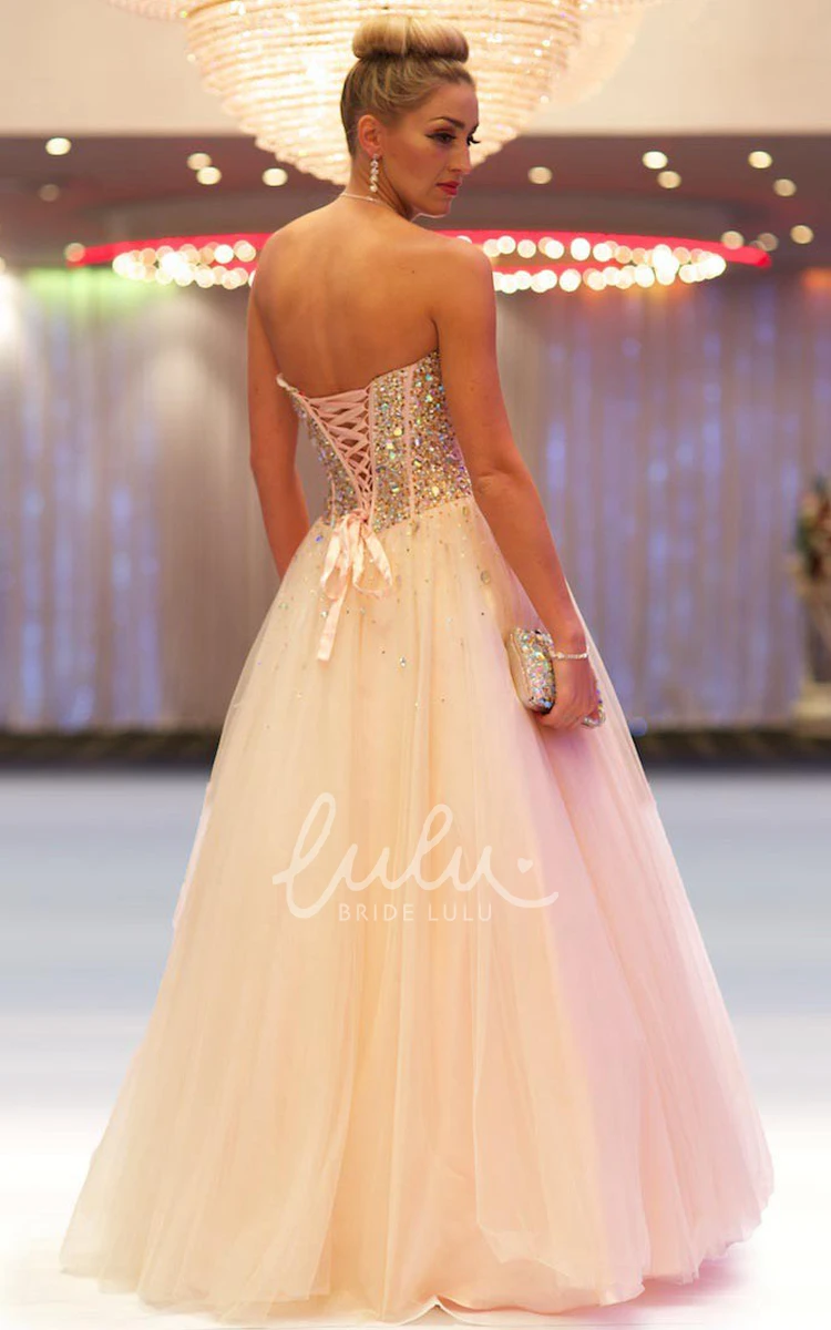 Beaded Tulle Prom Dress with Pleats Long Sleeveless A-Line