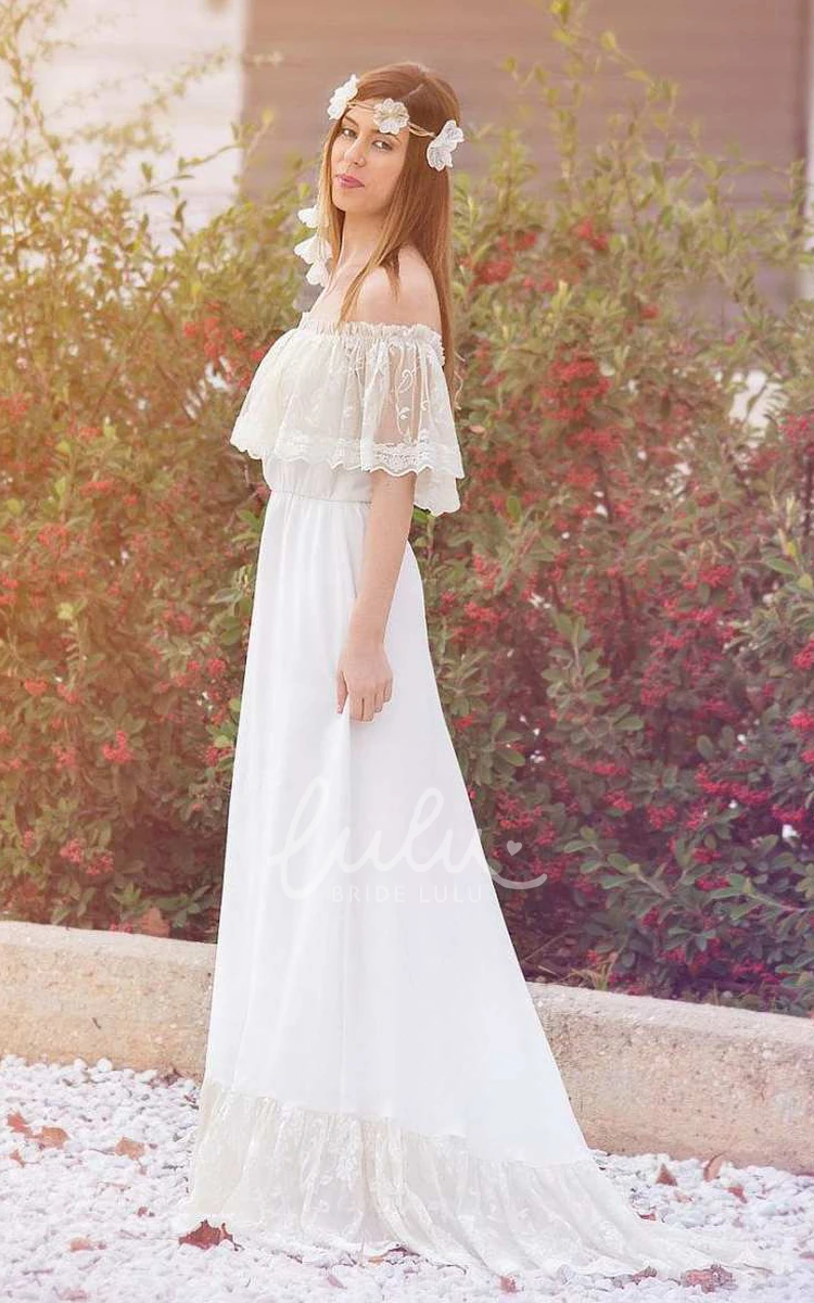 Off-Shoulder Boho Lace Chiffon Wedding Dress with Sweep Train