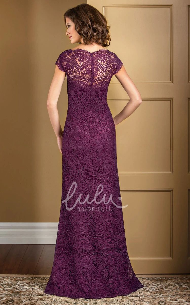 Lace Cap-Sleeved Illusion Formal Dress with V-Neckline