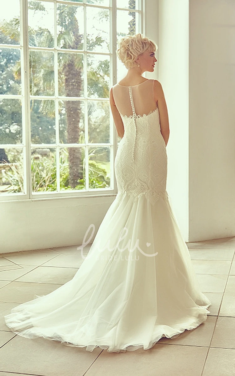 Illusion Bateau Tulle Wedding Dress with Appliques and Court Train Stunning Bridal Gown