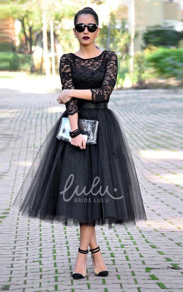 Sexy Black Lace Tea-Length Prom Dress 3/4 Sleeves and Tulle