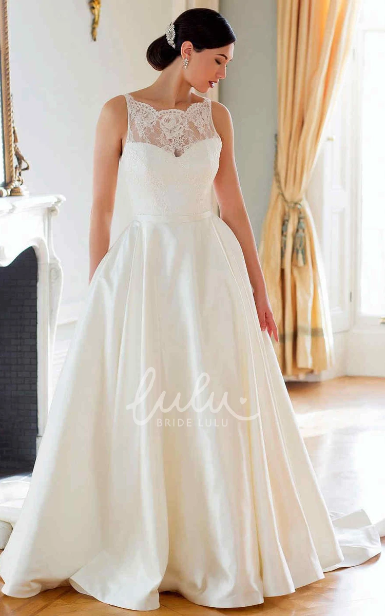 Bateau-Neck Satin&Lace A-Line Wedding Dress Classic Bridal Gown