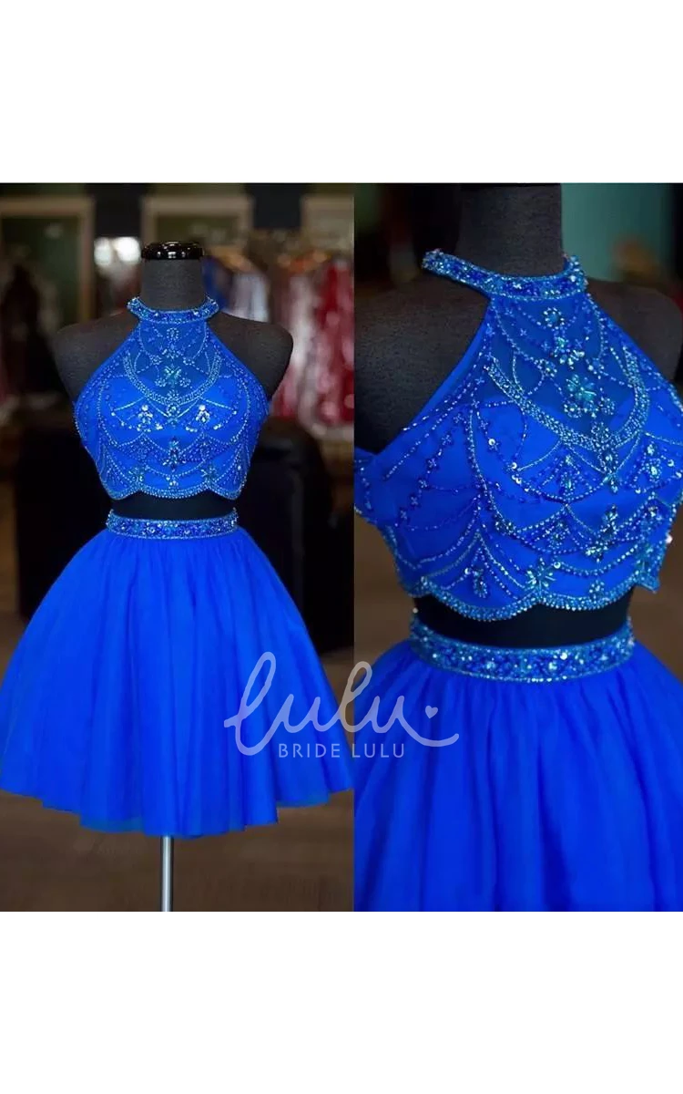 Two Piece Beaded Chiffon Homecoming Dress Short Mini Sleeveless Halter High Neck