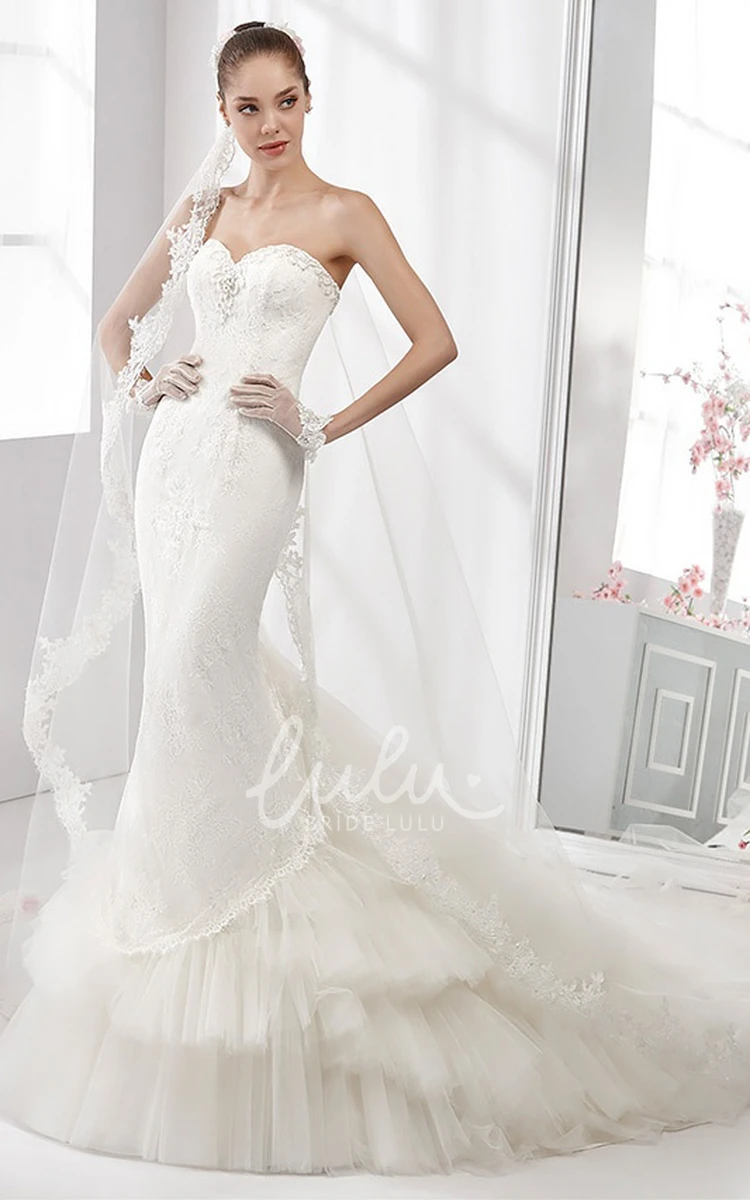 Sheath Lace Wedding Dress with Floral Bust and Tiers Train