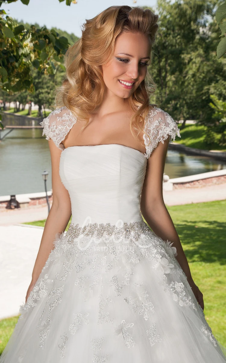Jeweled Tulle A-Line Wedding Dress with Ruching and Cape Elegant Bridal Gown