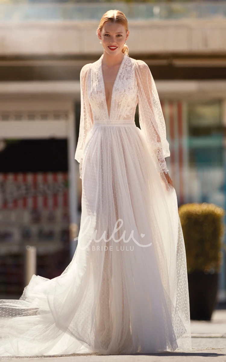 Bohemian Tulle Beach Wedding Dress with Illusion Back A-Line V-Neck