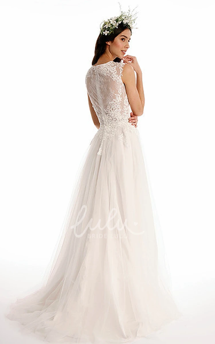 Long Appliqued Tulle Wedding Dress with High Neck and Sweep Train Illusion Classy Beach