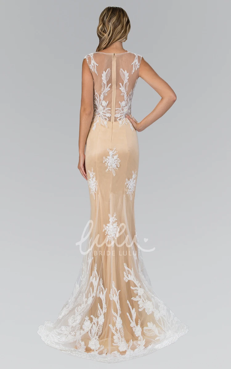 Sleeveless Sheath Tulle Illusion Dress with Appliques Maxi Jewel-Neck