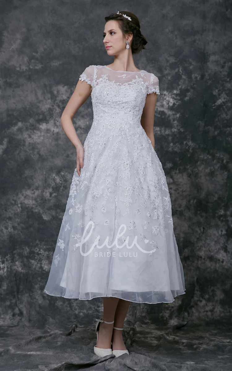 Tea-length Lace Wedding Dress with Short Sleeves