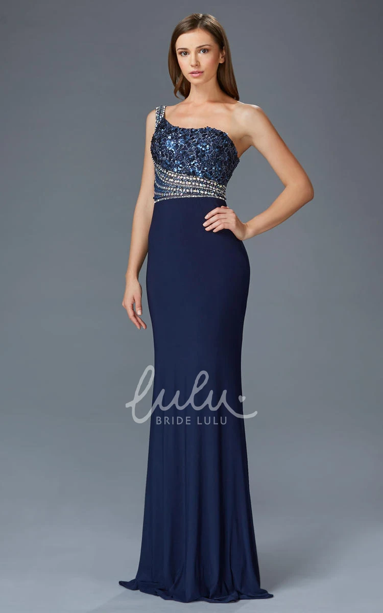 One-Shoulder Sleeveless Jersey Formal Dress with Sequins and Beading