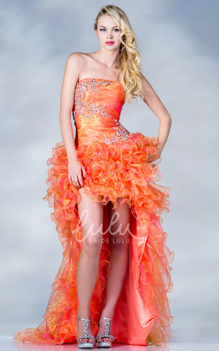 High-Low Strapless Organza Dress with Ruching and Beading