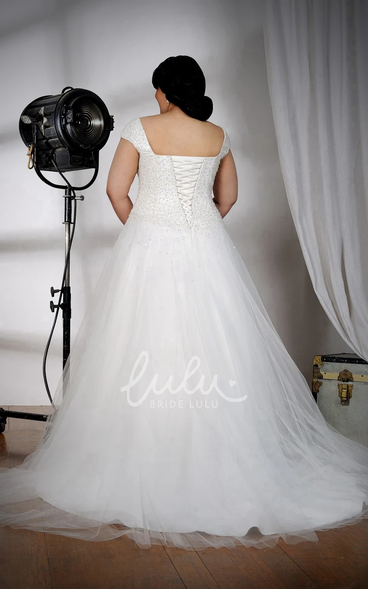 Caped-Sleeve Tulle A-Line Wedding Dress With Beaded Bodice and Square Neckline