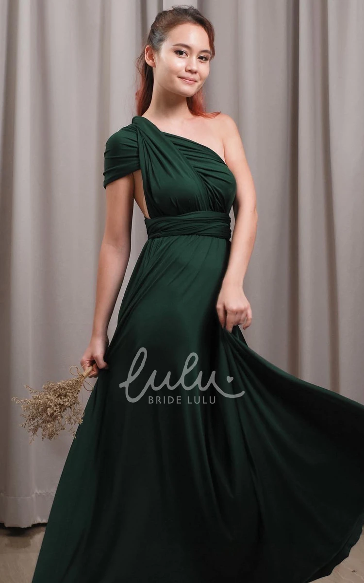 Casual One-shoulder A Line Bridesmaid Dress with Open Back Convertible Jersey