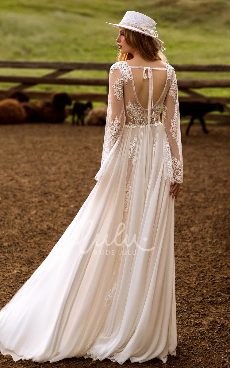 Simple Long Sleeve A Line Tulle Wedding Dress with Plunging Neckline and Floor-length Ruching