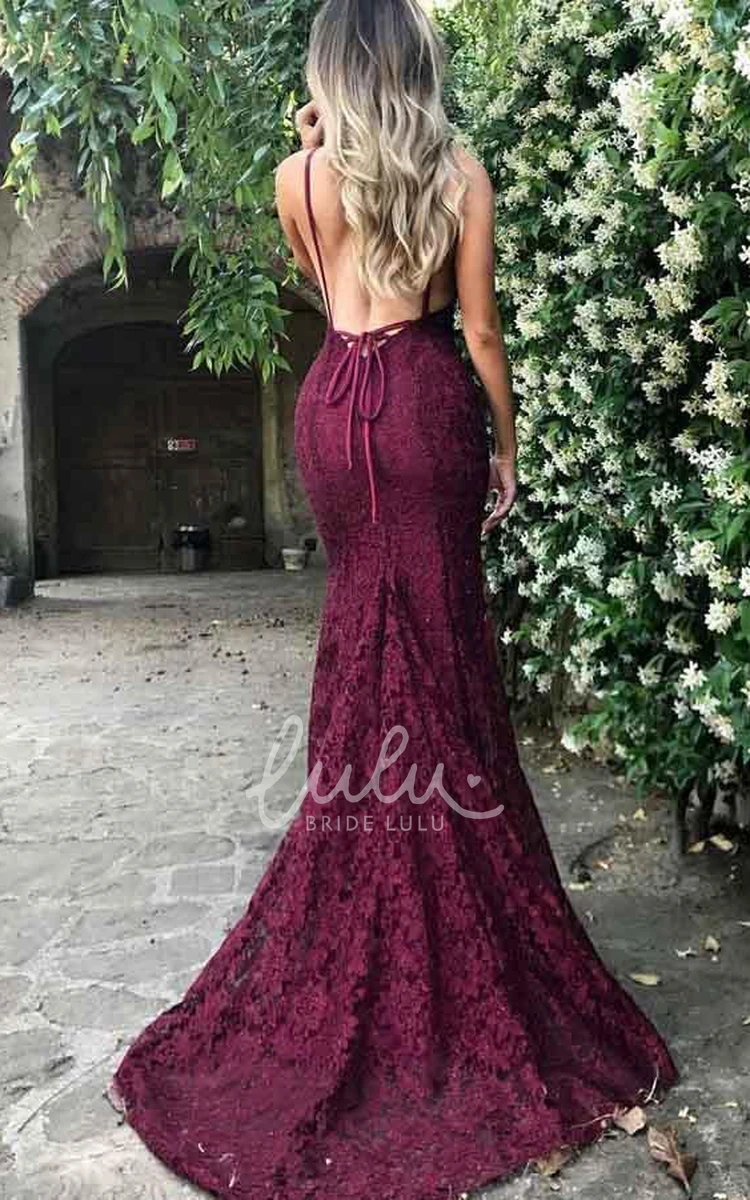 Lace V-Neck Sleeveless Mermaid Formal Dress with Sweep Train