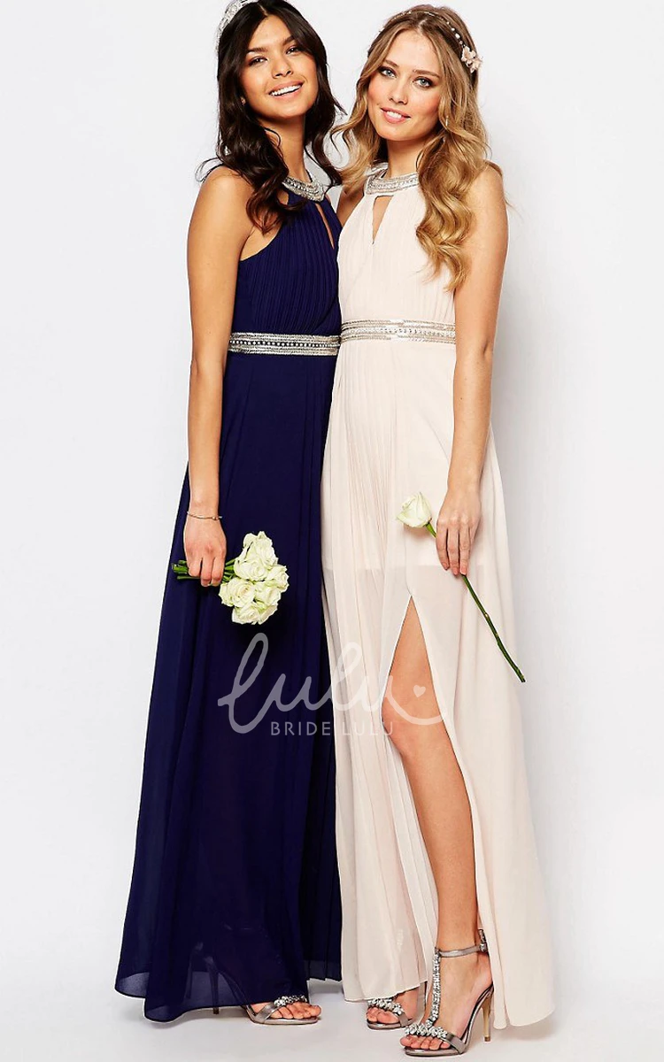 Ankle-Length Chiffon Bridesmaid Dress with High Neck and Beading in Sleeveless