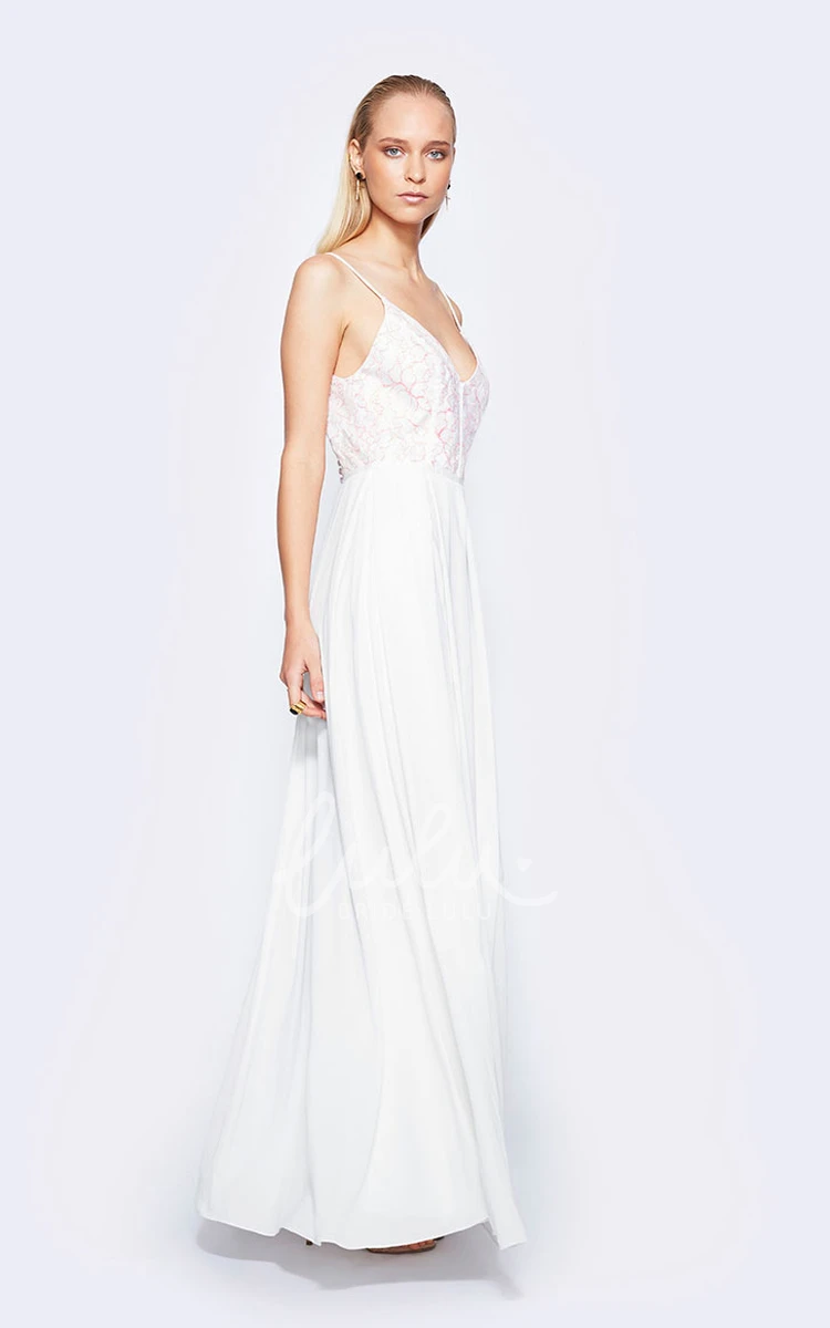 V-Back Spaghetti Lace Chiffon Wedding Dress in Ankle-Length