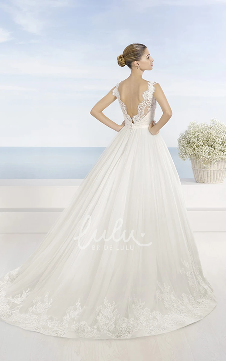 Bateau Lace Wedding Dress with Waist Jewelry & Low-V Back Ball-Gown