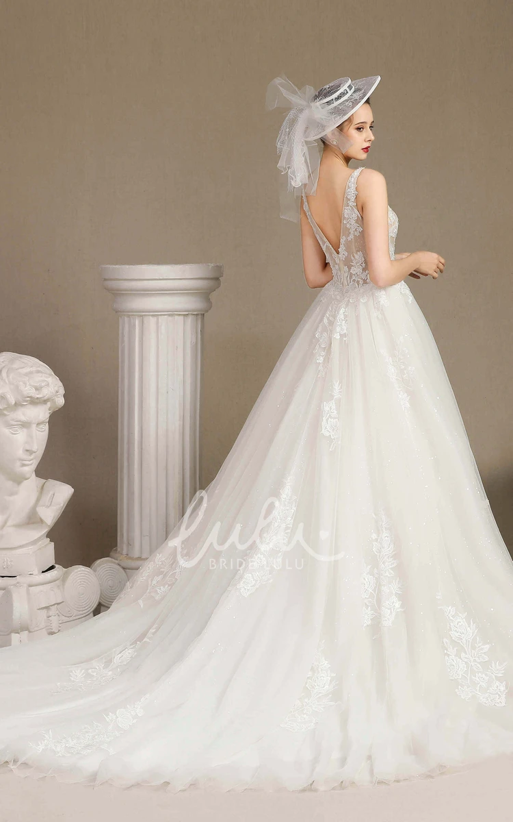 Sleeveless Lace Appliqued Ballgown Plunging V-neck Wedding Dress Flowy Women's Bridal Gown